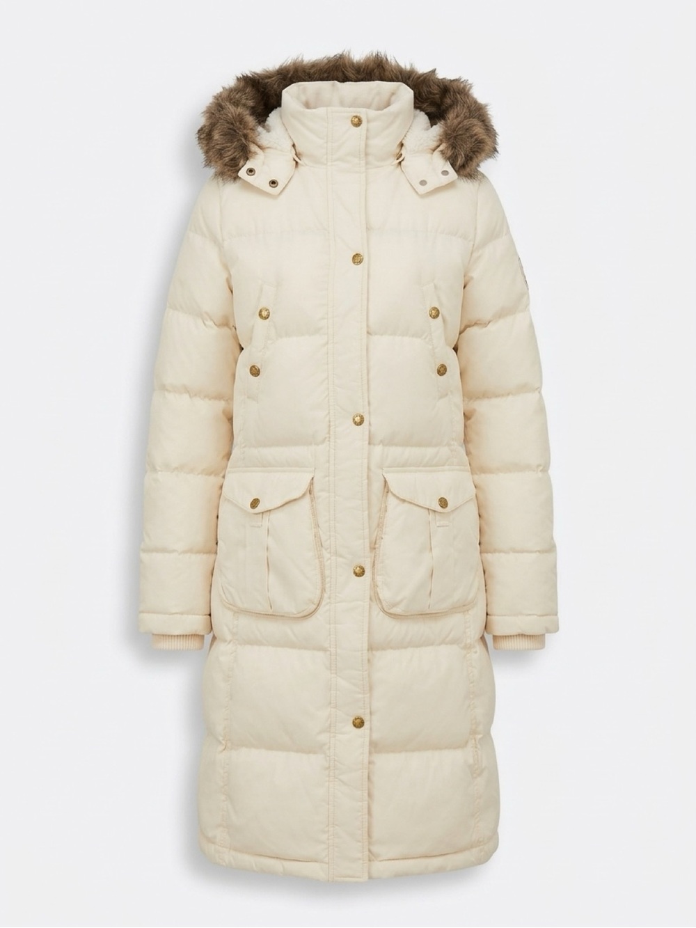 Polo by Ralph Lauren Cream Long Puffer Coat with Faux Fur Hood